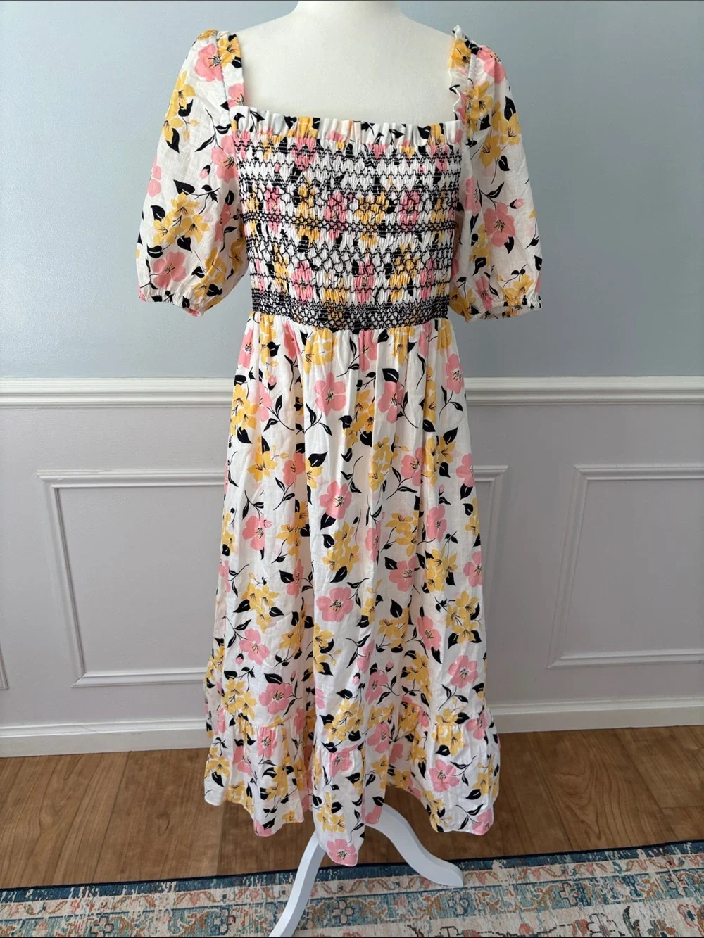 kate spade Lily Blooms Smocked White Floral Midi Dress A-Line Smocked Sz XL